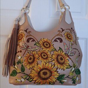 Shariff 1827 Designer Leather & Sunflower Embroidered Shoulder Bag